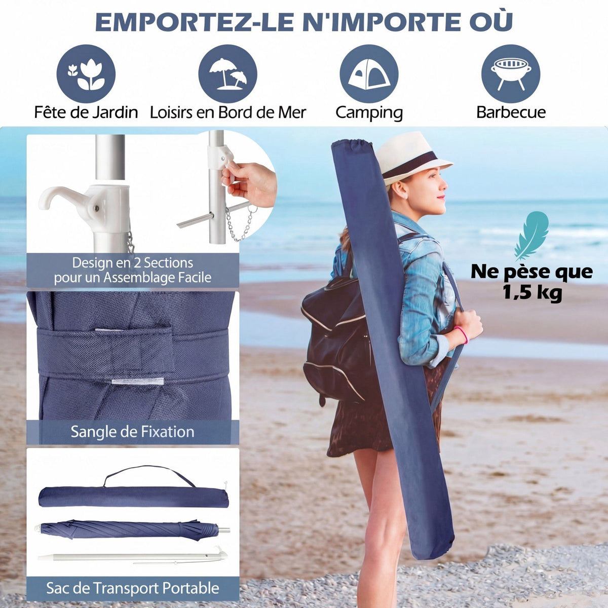 Beach Umbrella 198cm, Tilt, Sand Anchor, Carry Bag