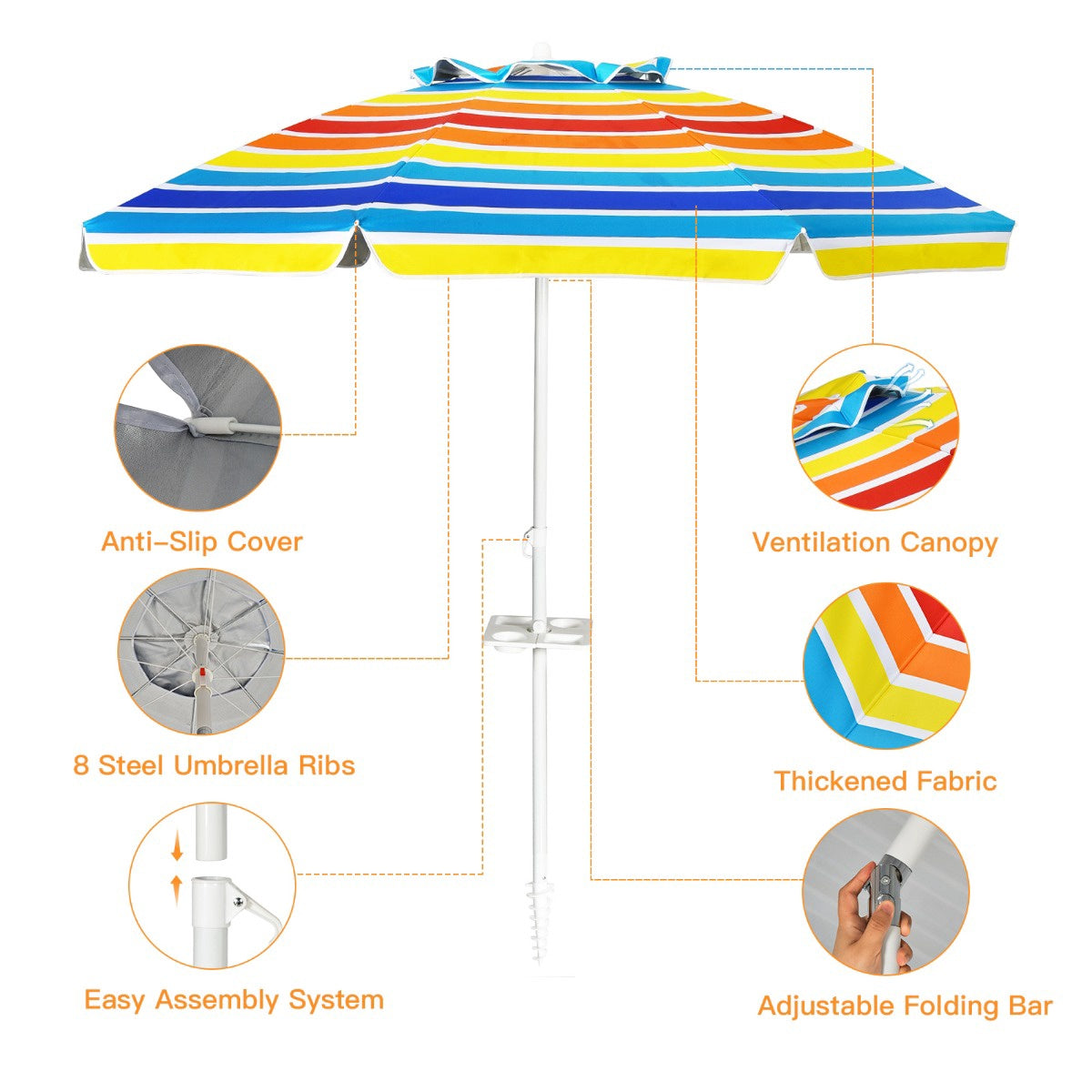 Beach Umbrella 200 cm, Tilt Canopy, Cup Holder, Bag