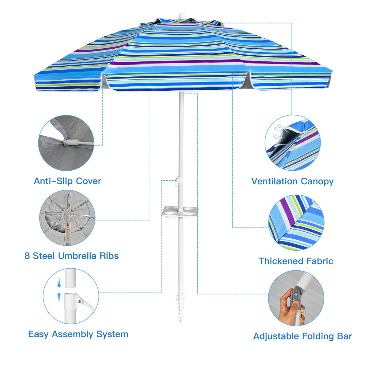 Beach Umbrella 200 cm, Tilt Canopy, Cup Holder, Blue