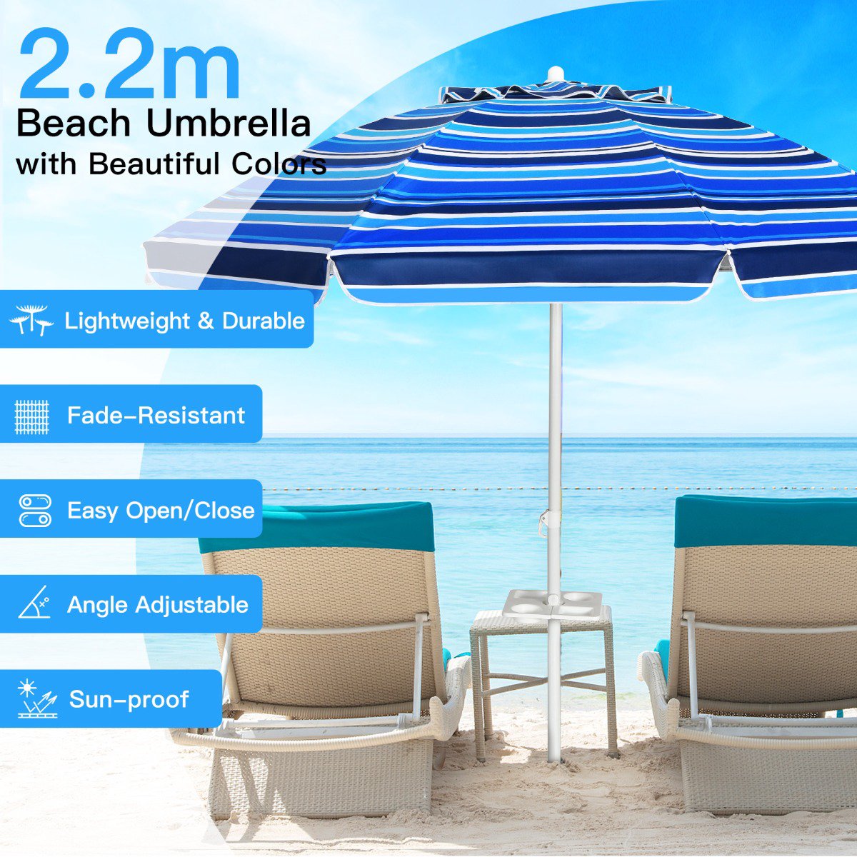 Beach Umbrella 220 cm, Tilt Canopy, Cup Holder, Carry Bag