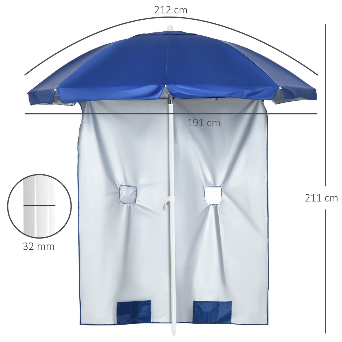 Beach Umbrella With Side Wall Ø191 X 211 Cm Tilting Parasol With 2 Pockets And 2 Windows, With 8 Struts Including Carrying Bag, Blue
