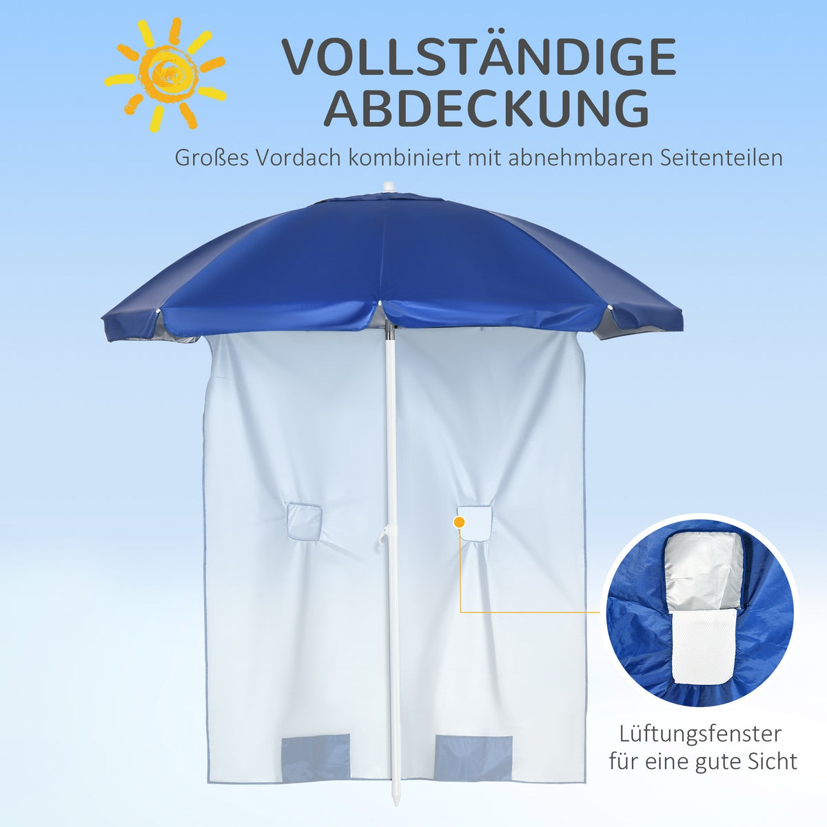 Beach Umbrella With Side Wall Ø191 X 211 Cm Tilting Parasol With 2 Pockets And 2 Windows, With 8 Struts Including Carrying Bag, Blue
