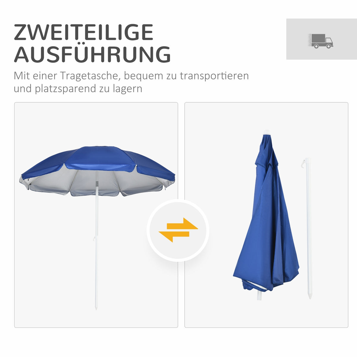 Beach Umbrella With Side Wall Ø191 X 211 Cm Tilting Parasol With 2 Pockets And 2 Windows, With 8 Struts Including Carrying Bag, Blue