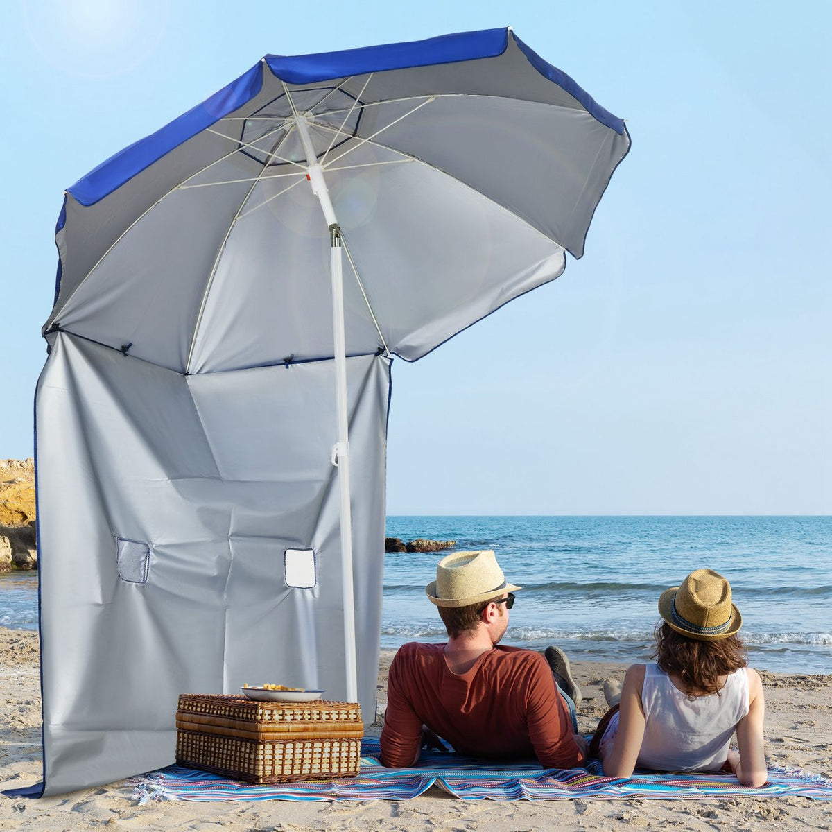 Beach Umbrella With Side Wall Ø191 X 211 Cm Tilting Parasol With 2 Pockets And 2 Windows, With 8 Struts Including Carrying Bag, Blue