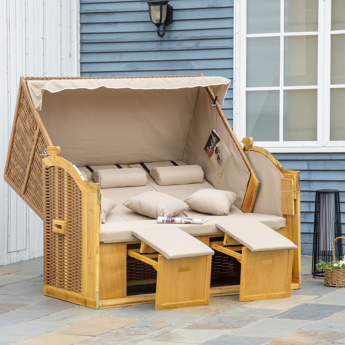 Beach chair 3-seater sun lounger with roof and 2 folding tables, footrest, XXL polyrattan natural, 150x79x160cm for garden & terrace |.de