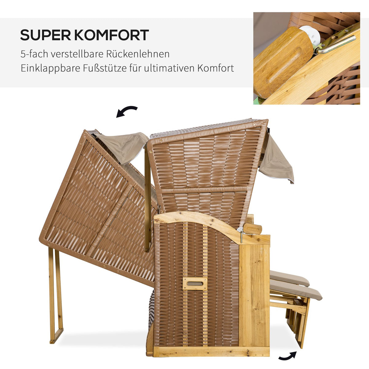Beach chair 3-seater sun lounger with roof and 2 folding tables, footrest, XXL polyrattan natural, 150x79x160cm for garden & terrace |.de