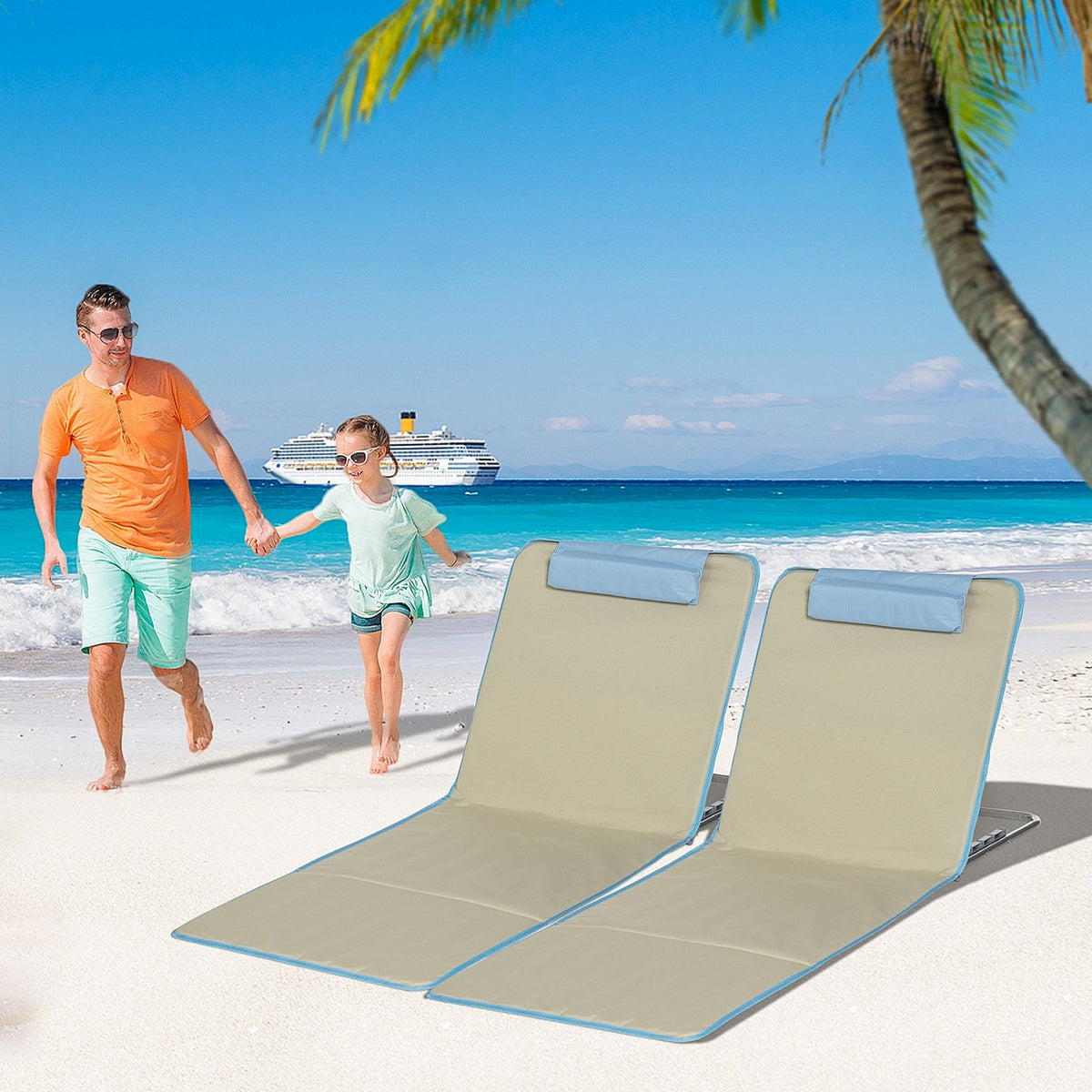 Beach mat, set of 2 foldable beach loungers with pillows, 5-level height-adjustable beach mattress with carry bag, steel, beige, 134 x 48 x 33-43 cm