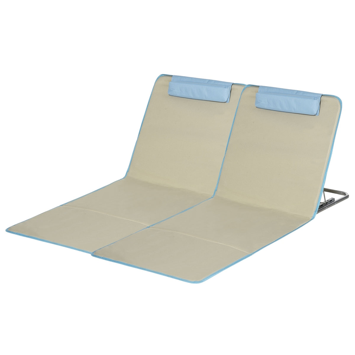 Beach mat, set of 2 foldable beach loungers with pillows, 5-level height-adjustable beach mattress with carry bag, steel, beige, 134 x 48 x 33-43 cm