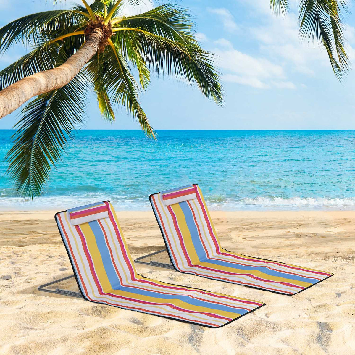 Beach mat, set of 2 foldable beach loungers with pillows, 5-level height-adjustable beach mattress with carry bag, steel, multi-colored, 134 x 48 x 33-43 cm