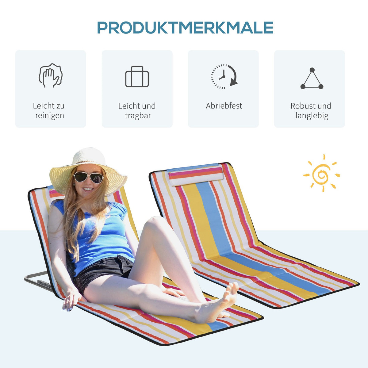 Beach mat, set of 2 foldable beach loungers with pillows, 5-level height-adjustable beach mattress with carry bag, steel, multi-colored, 134 x 48 x 33-43 cm