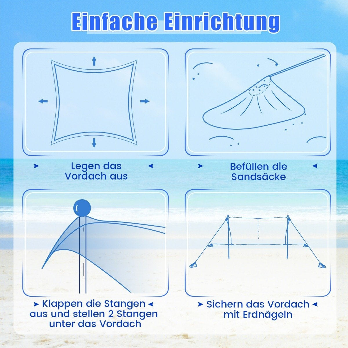 Beach tent 230 x 200 cm UPF 50+ sun tent with sand anchors, sandbags and 2 support poles blue