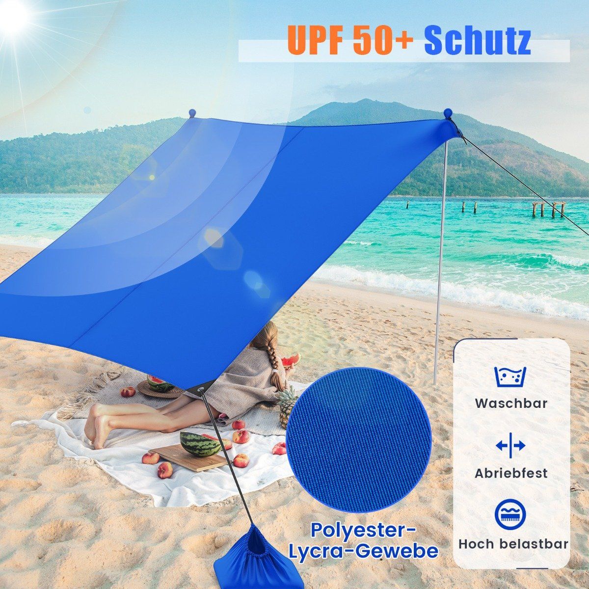 Beach tent 230 x 200 cm UPF 50+ sun tent with sand anchors, sandbags and 2 support poles blue