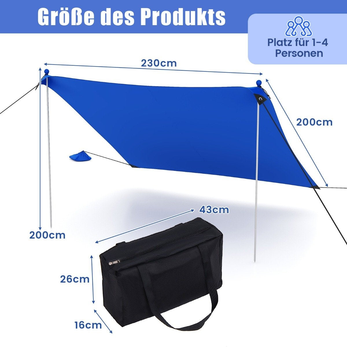 Beach tent 230 x 200 cm UPF 50+ sun tent with sand anchors, sandbags and 2 support poles blue