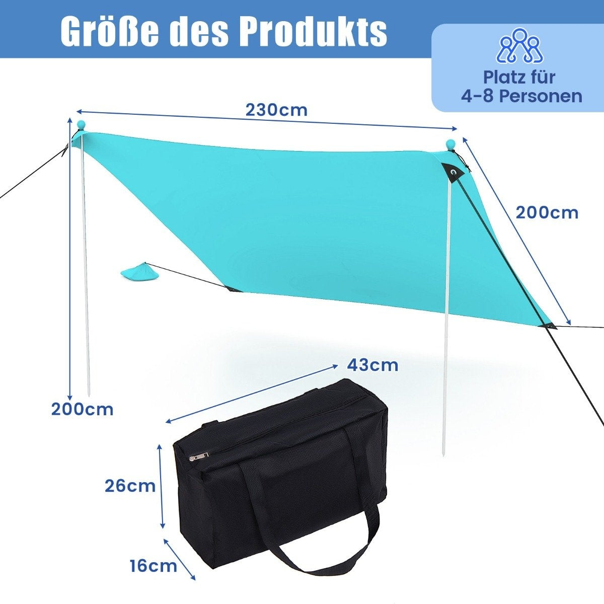 Beach tent 230 x 200 cm UPF 50+ sun tent with sand anchors, sandbags and 2 support poles, turquoise