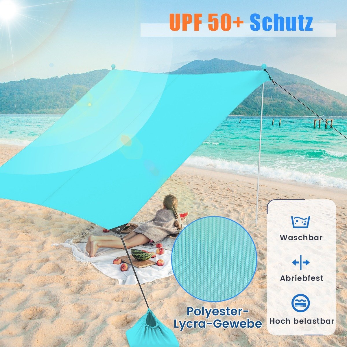 Beach tent 230 x 200 cm UPF 50+ sun tent with sand anchors, sandbags and 2 support poles, turquoise