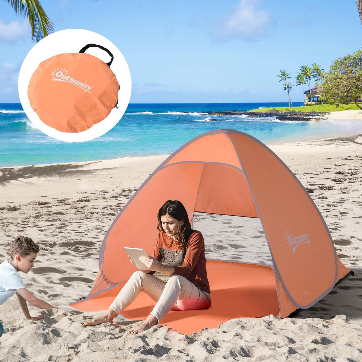 Beach tent pop-up automatic UV protection rear window large floor carpet orange