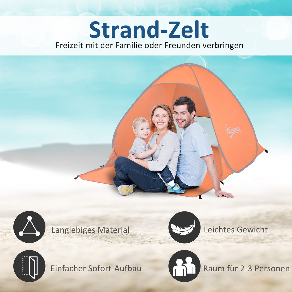 Beach tent pop-up automatic UV protection rear window large floor carpet orange