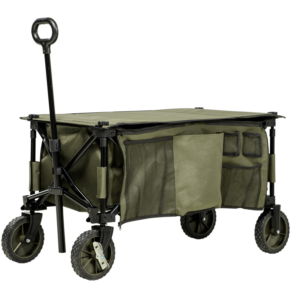 Beach trolley, folding transport trolley, 4 wheels, removable tarpaulin, height-adjustable handle, tilting tray, foldable and 5 storage bags, 108 x 55 x 93 cm, green