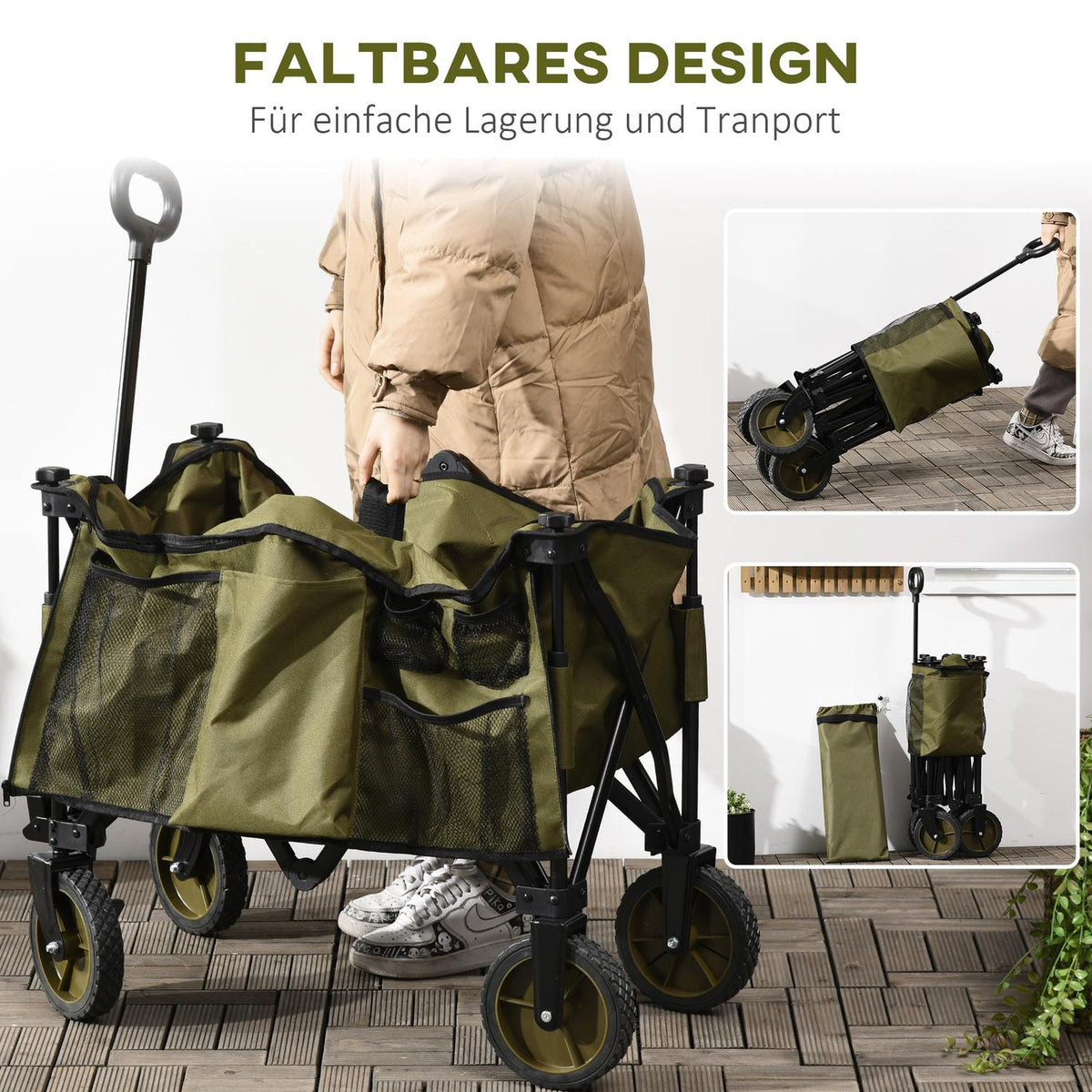Beach trolley, folding transport trolley, 4 wheels, removable tarpaulin, height-adjustable handle, tilting tray, foldable and 5 storage bags, 108 x 55 x 93 cm, green