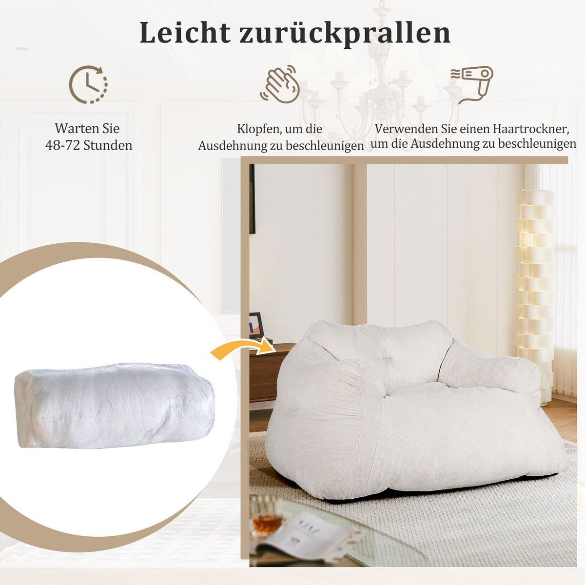 Bean Bag Chair with Velvet Cover, Non-Slip Base, 124x110x68 cm, Beige