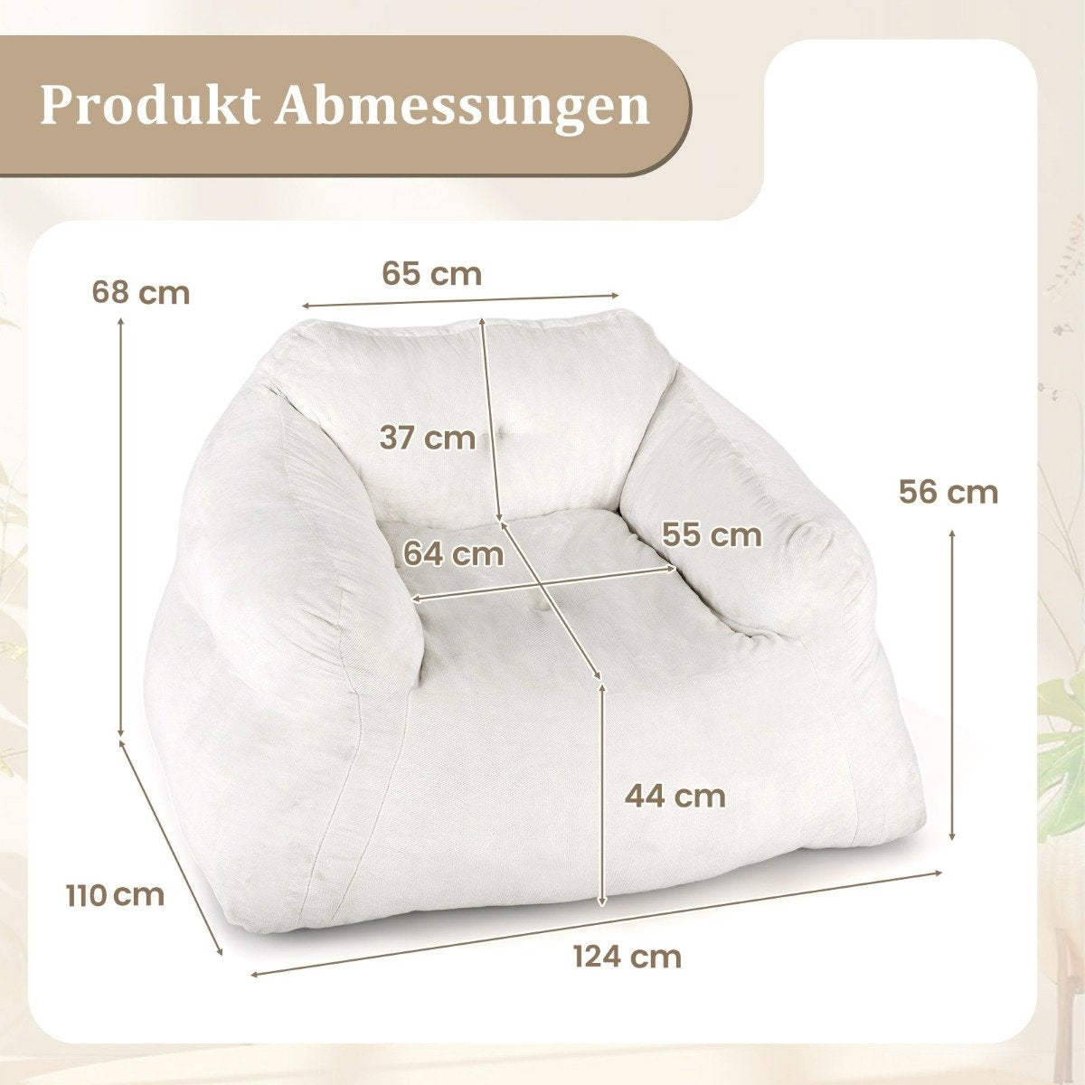 Bean Bag Chair with Velvet Cover, Non-Slip Base, 124x110x68 cm, Beige