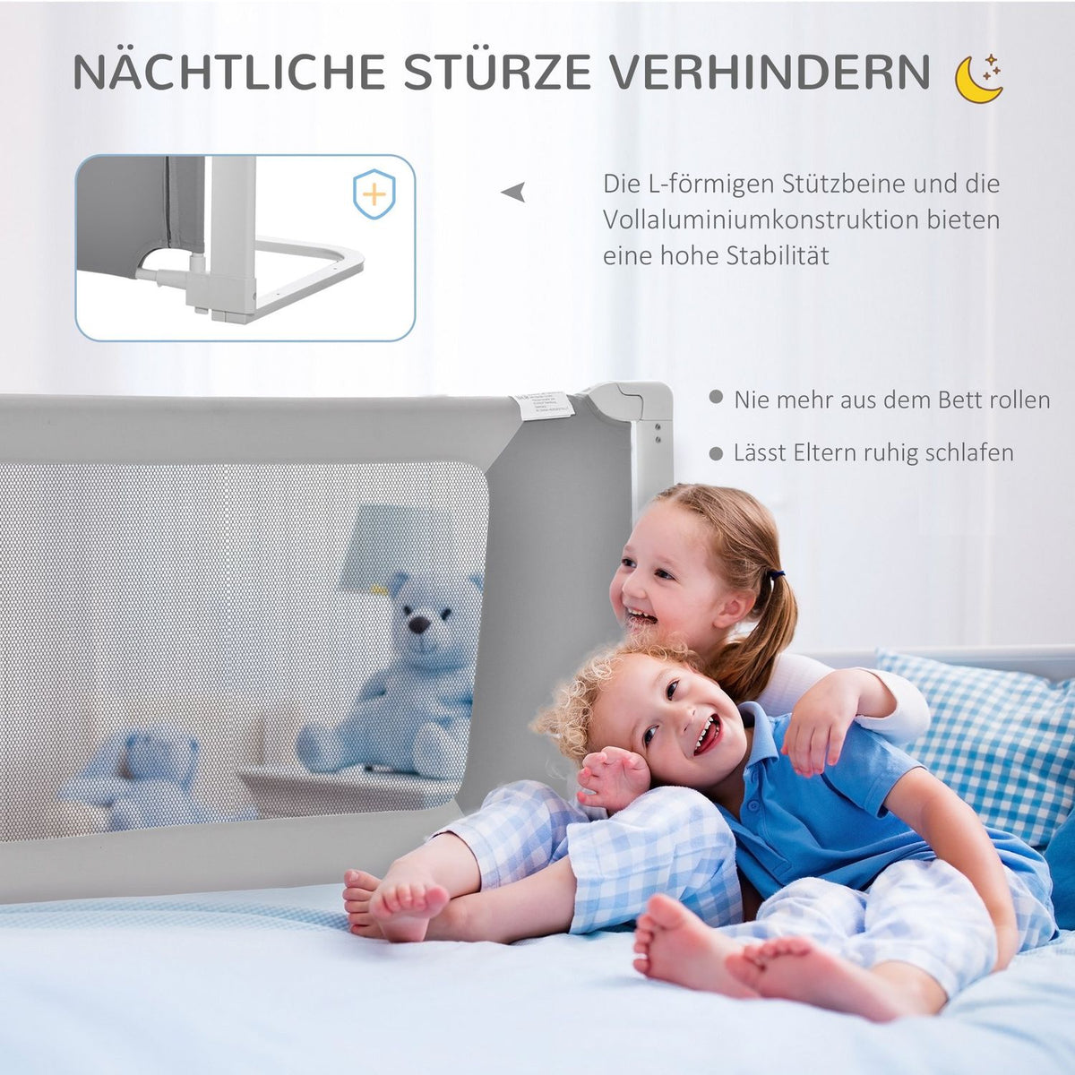 Bed Rail Children'S Bed Rail, L-Shaped Support Legs, For 18 Months To 5 Years, Gray, 150X44X77.5-104.5Cm