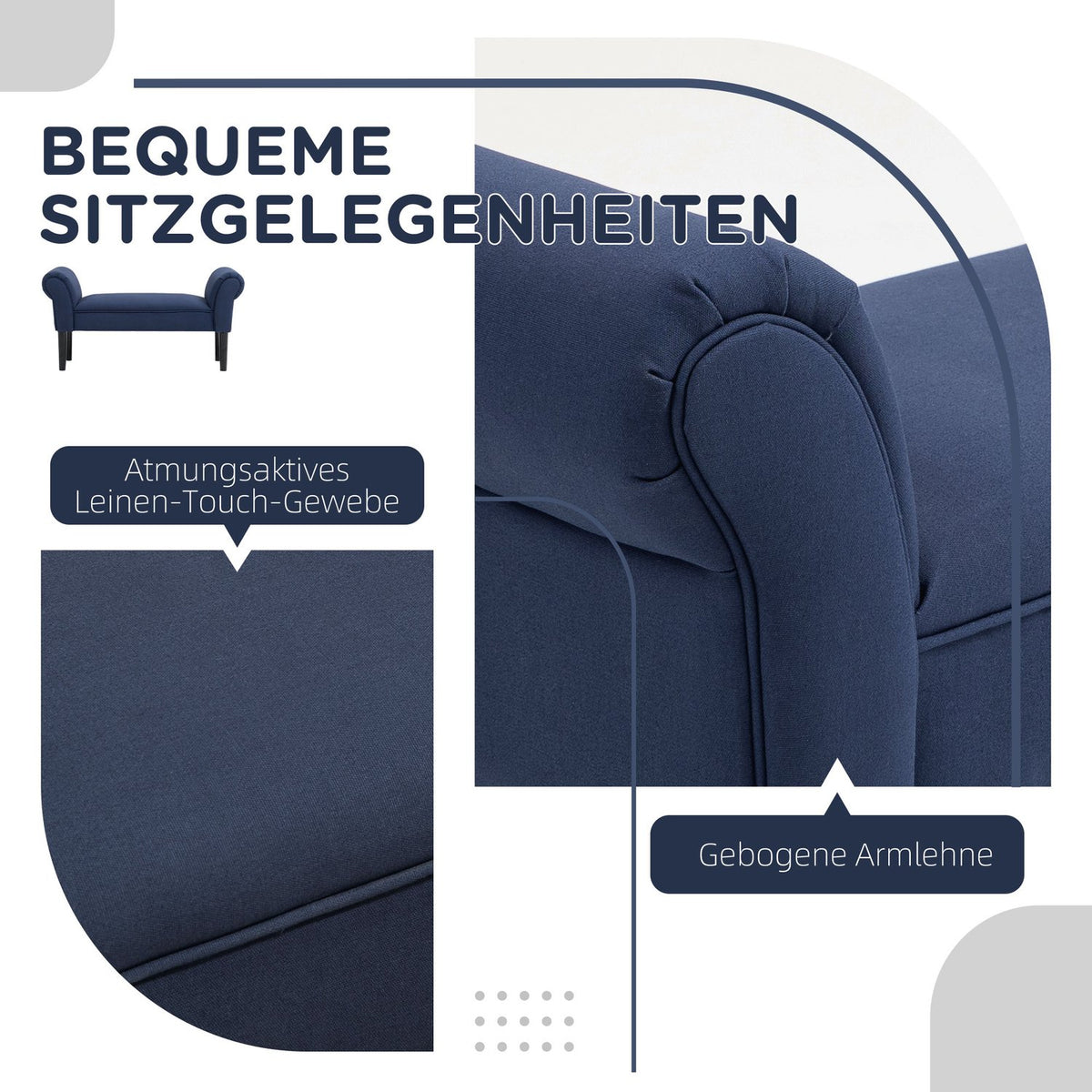 Bed bench, upholstered bench, bench, hallway bench for bedroom, load capacity up to 130 kg, sail fabric, blue, 102 x 36 x 51 cm