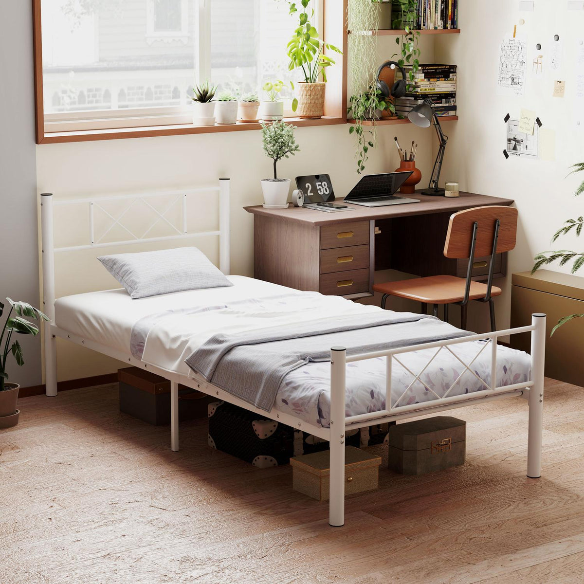Bed frame for mattress 200 x 90 cm, bed frame 88 cm high single bed frame made of steel, for bedroom guest room, white