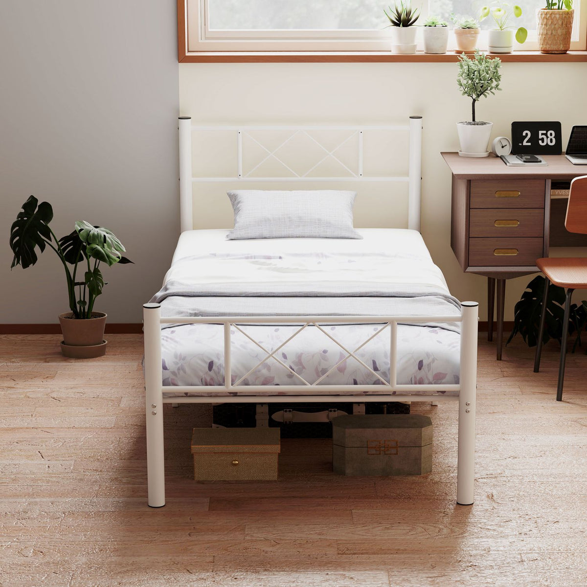 Bed frame for mattress 200 x 90 cm, bed frame 88 cm high single bed frame made of steel, for bedroom guest room, white
