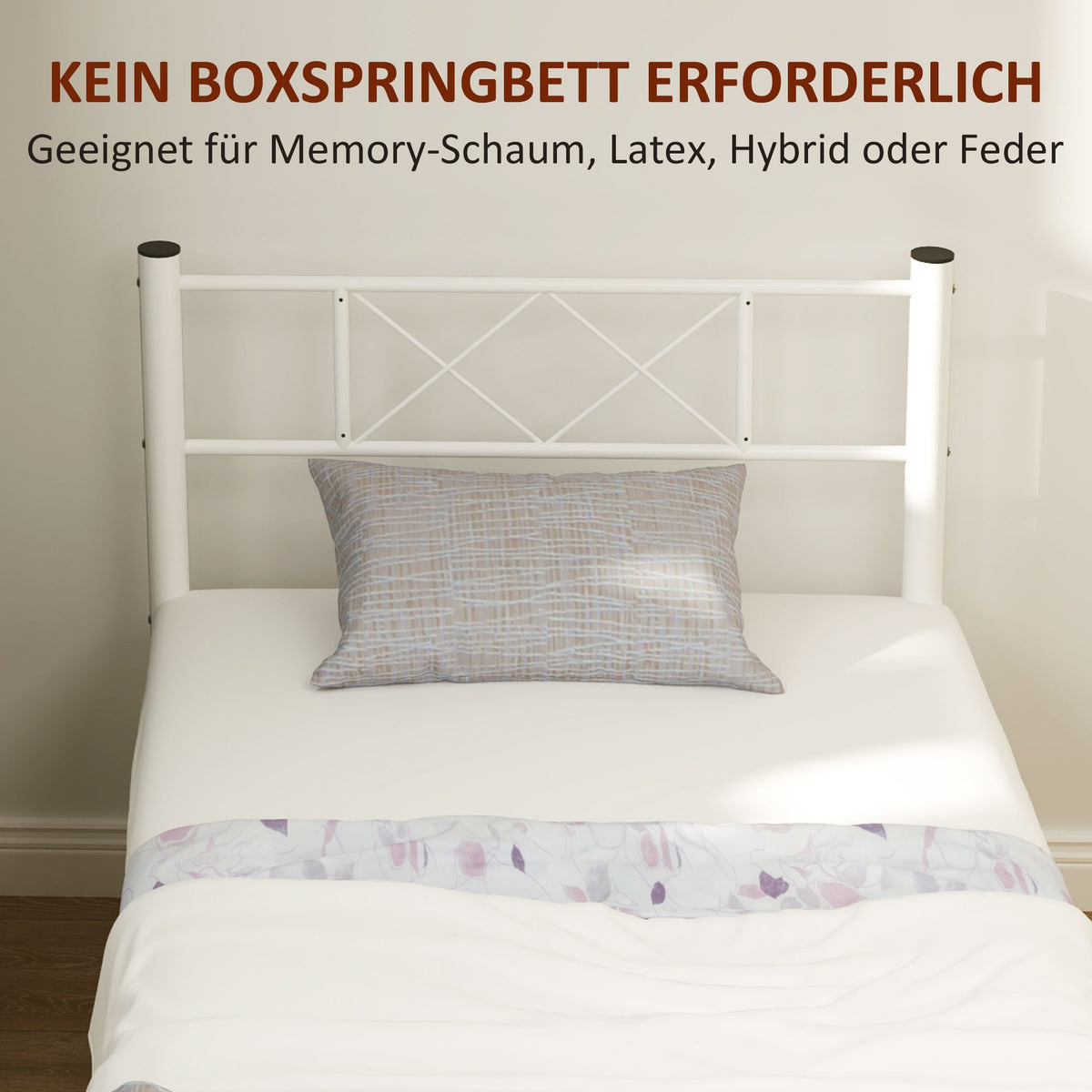 Bed frame for mattress 200 x 90 cm, bed frame 88 cm high single bed frame made of steel, for bedroom guest room, white