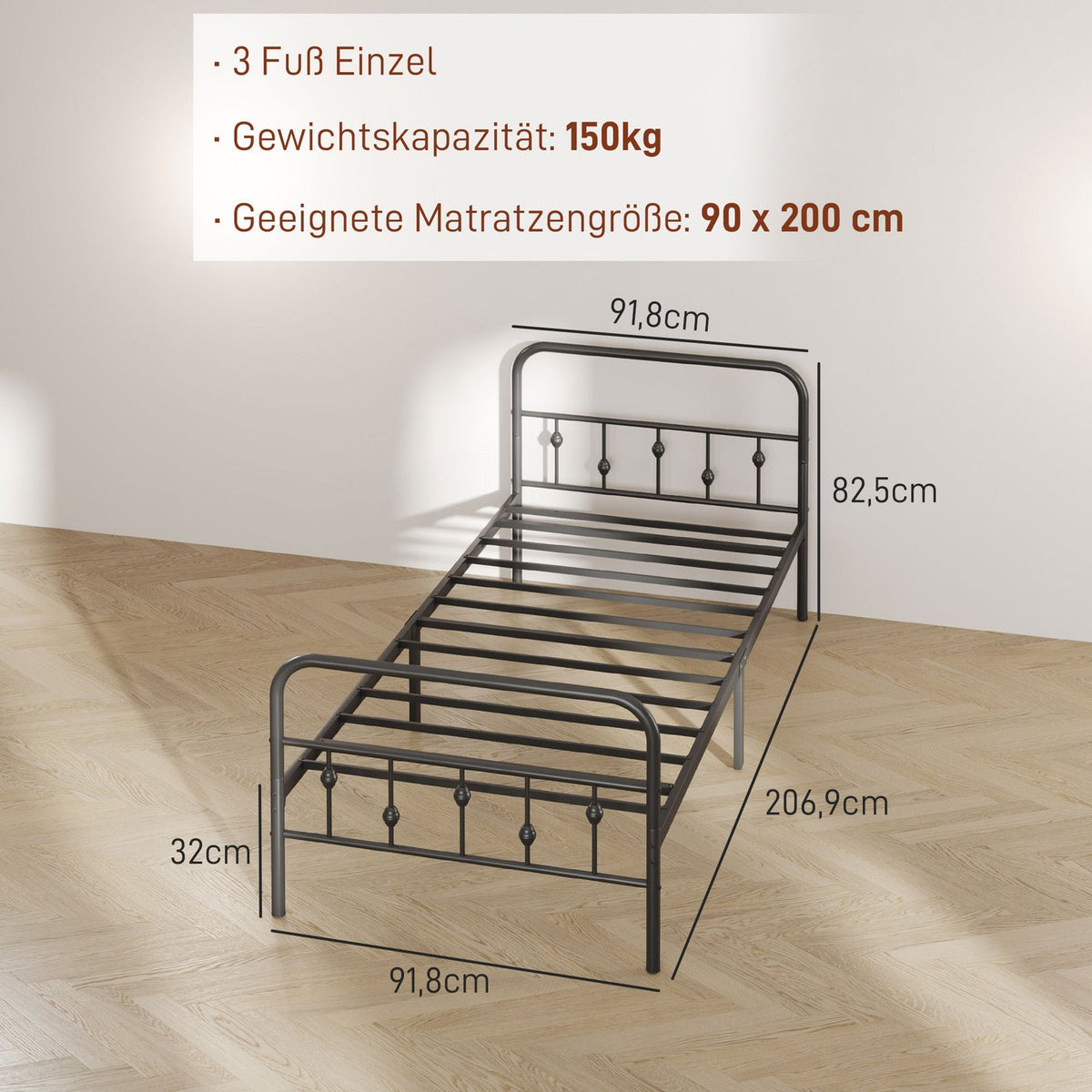 Bed frame for mattress 200 x 90 cm, folding bed frame, 82.5 cm high metal bed, metal frame bed made of metal, for bedroom, guest room, black