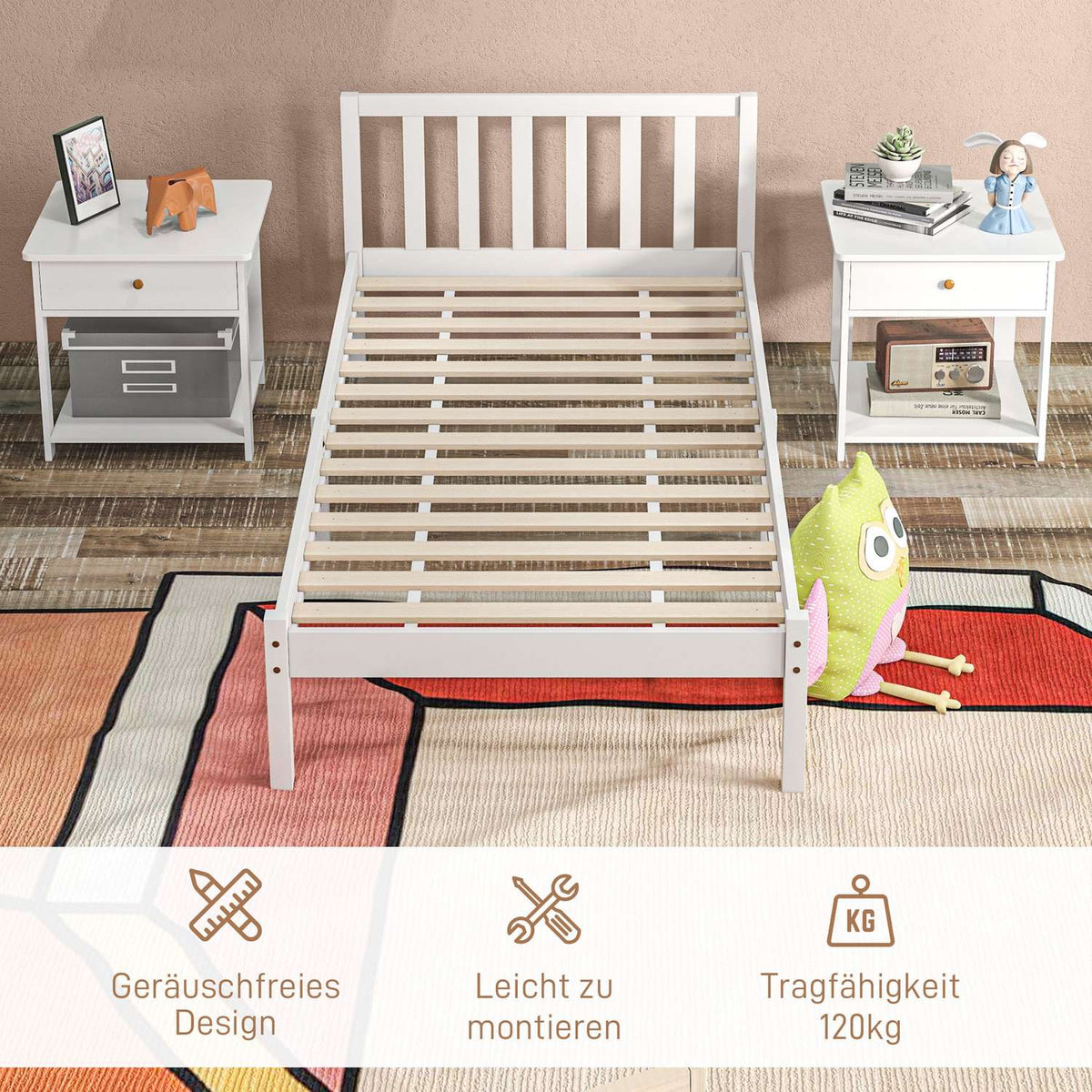 Bed frame wooden bed with slatted frame, 208 x 96 cm bed frame with headboard, single bed frame for bedroom, white