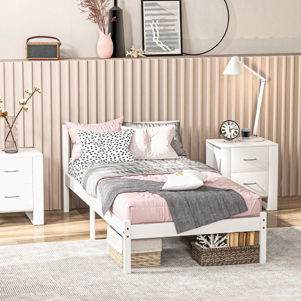 Bed frame wooden bed with slatted frame, 208 x 96 cm bed frame with headboard, single bed frame for bedroom, white