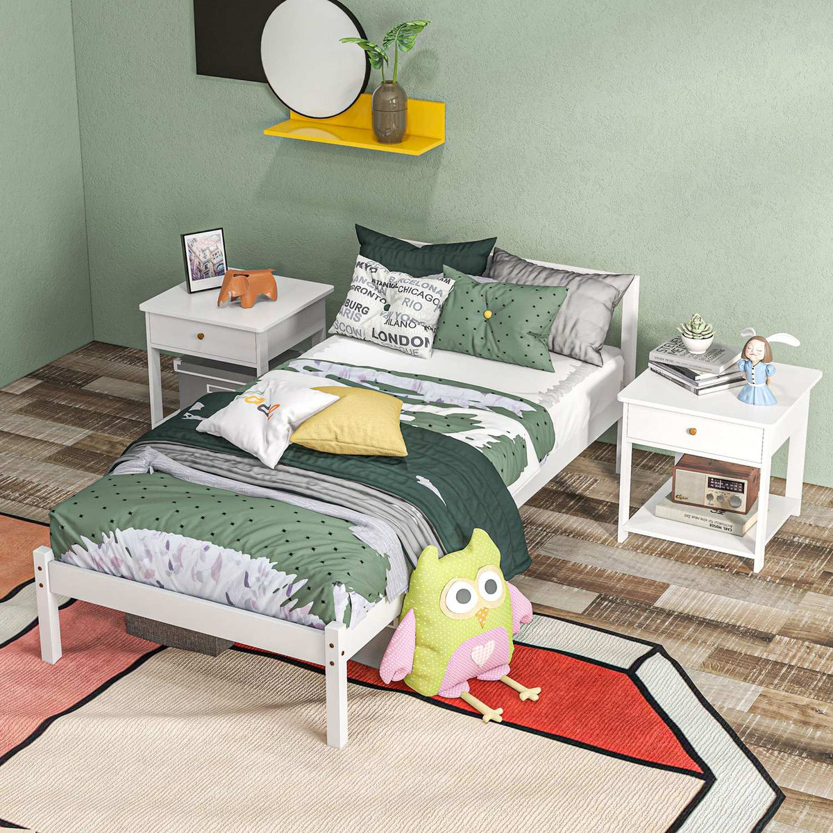 Bed frame wooden bed with slatted frame, 208 x 96 cm bed frame with headboard, single bed frame for bedroom, white