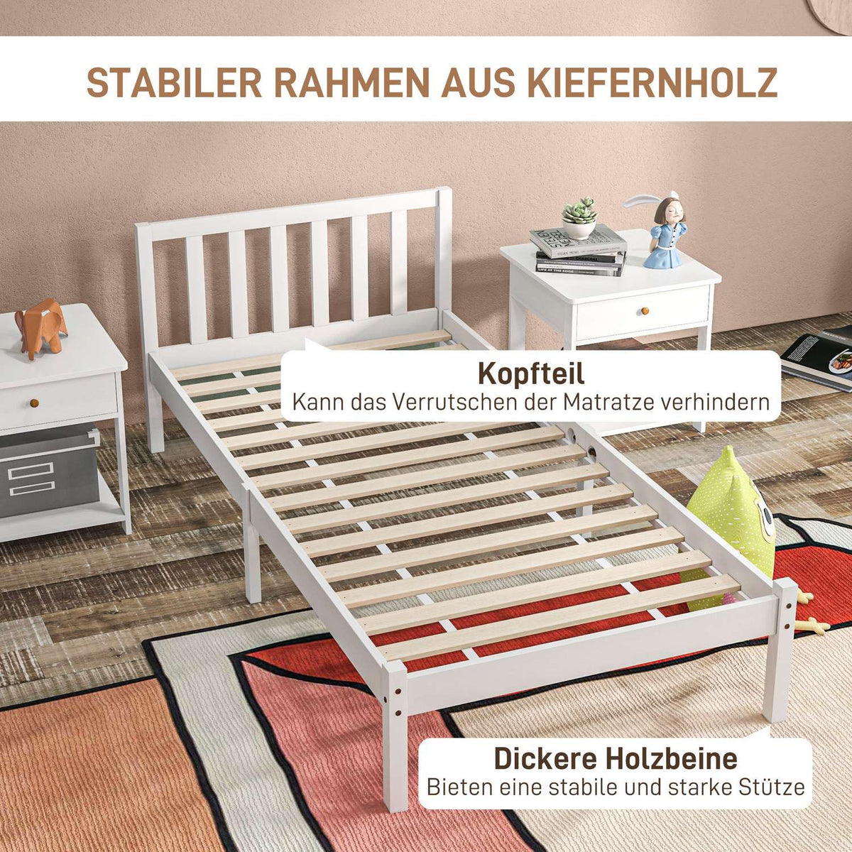 Bed frame wooden bed with slatted frame, 208 x 96 cm bed frame with headboard, single bed frame for bedroom, white