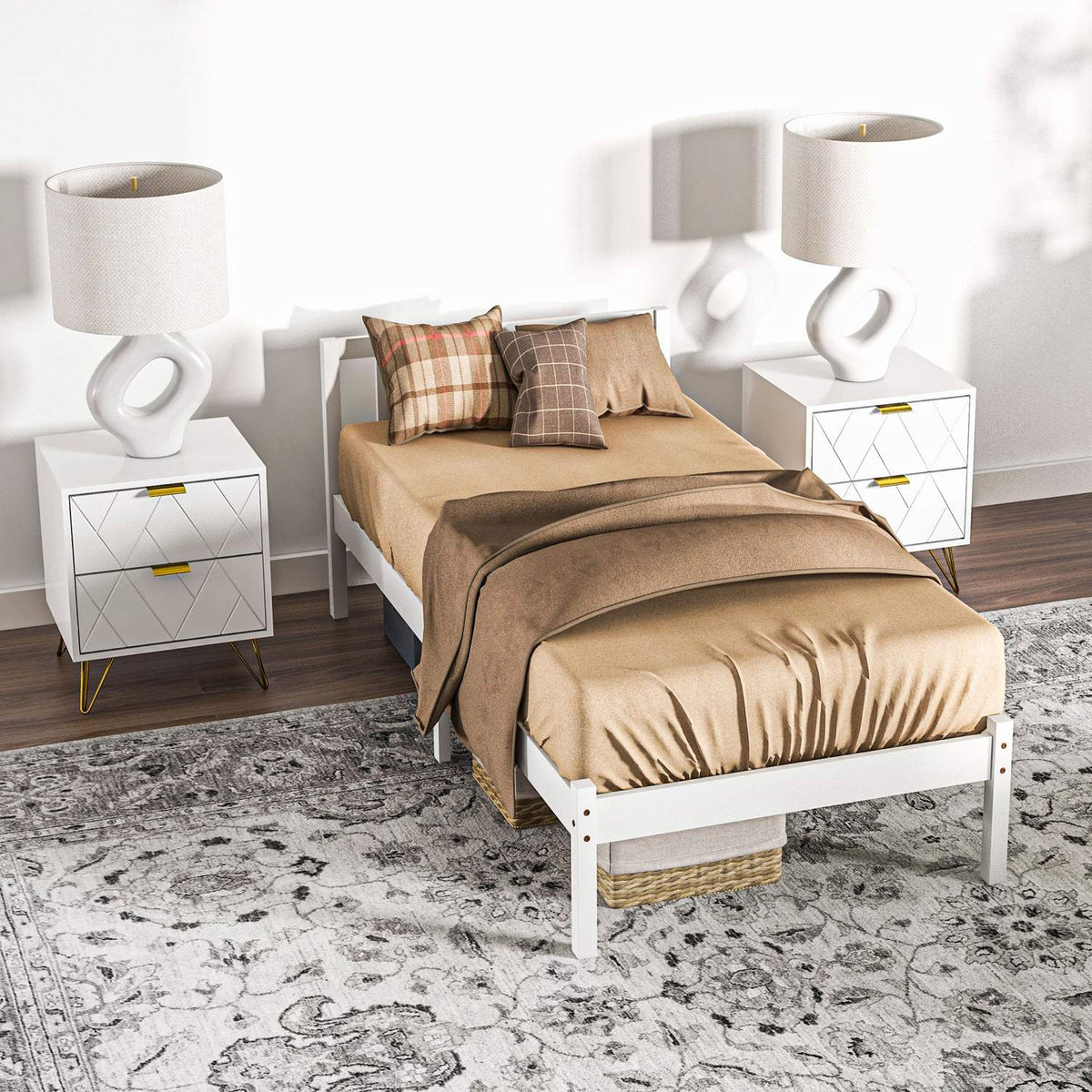 Bed frame wooden bed with slatted frame, 208 x 96 cm bed frame with headboard, single bed frame for bedroom, white