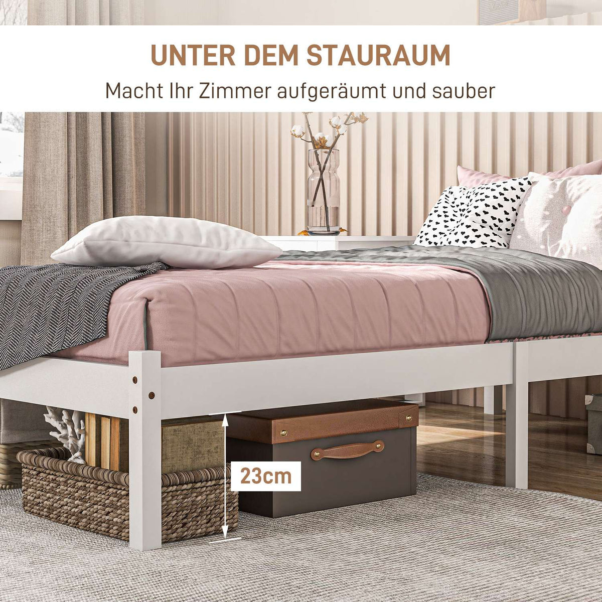Bed frame wooden bed with slatted frame, 208 x 96 cm bed frame with headboard, single bed frame for bedroom, white