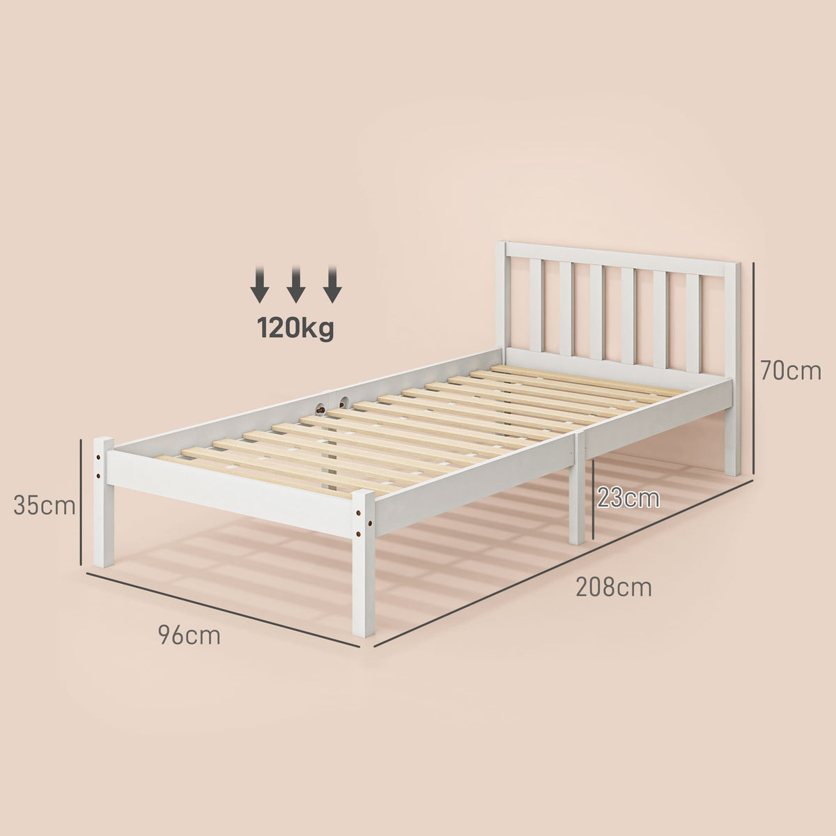 Bed frame wooden bed with slatted frame, 208 x 96 cm bed frame with headboard, single bed frame for bedroom, white