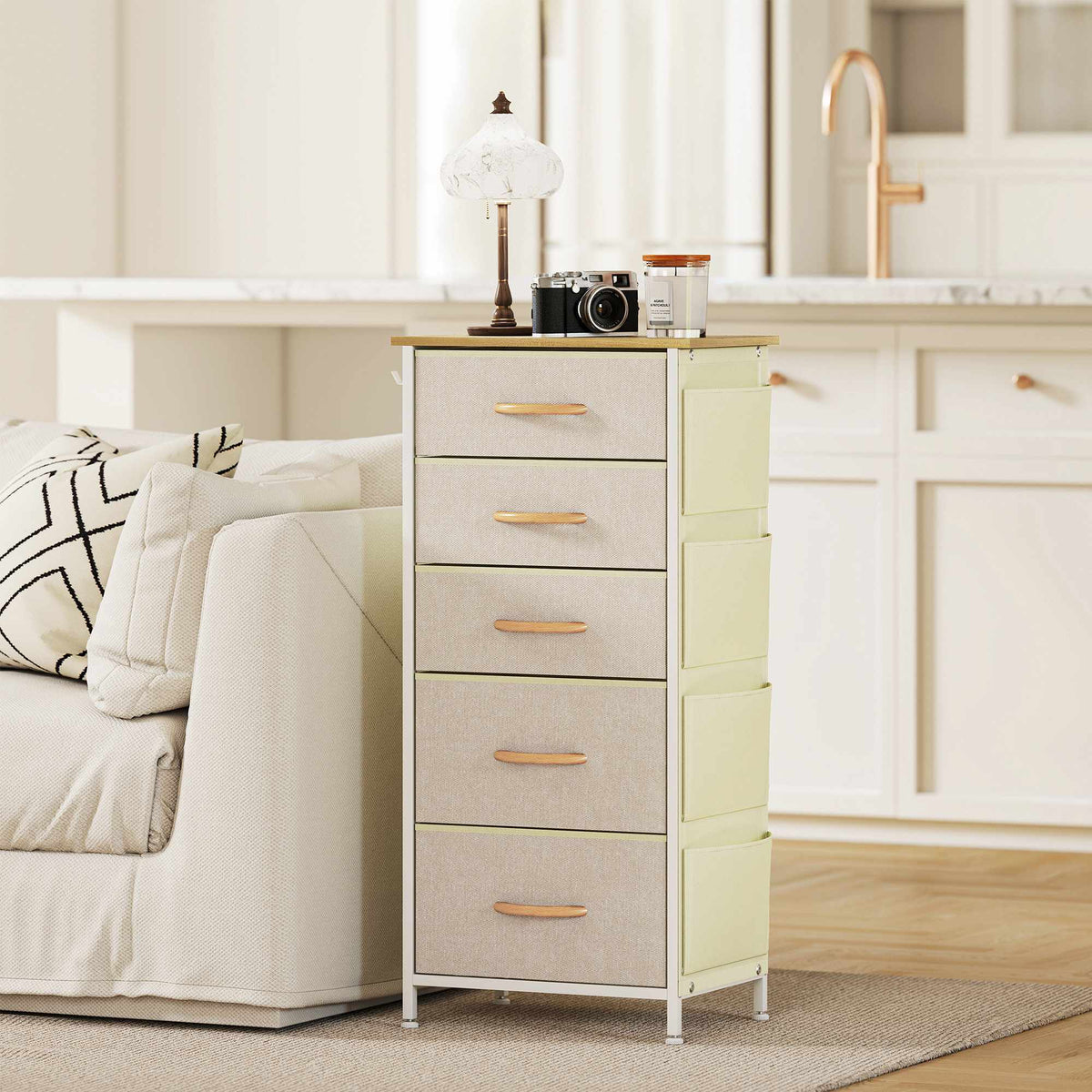 Bedroom Dresser with 5 Fabric Drawers, Steel Frame, Beige