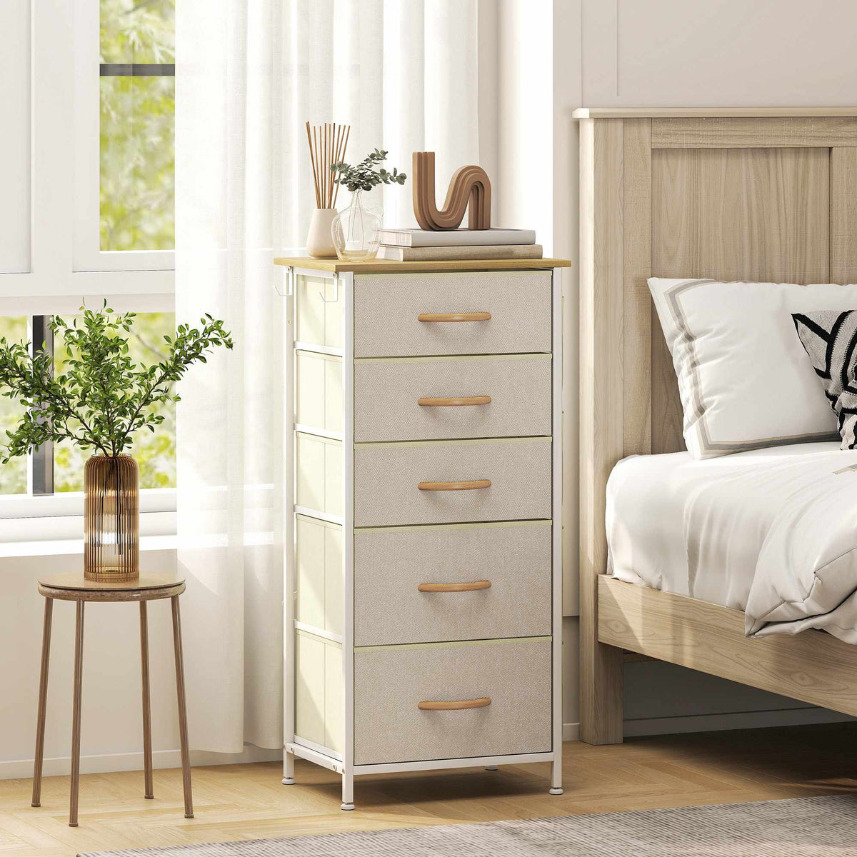 Bedroom Dresser with 5 Fabric Drawers, Steel Frame, Beige