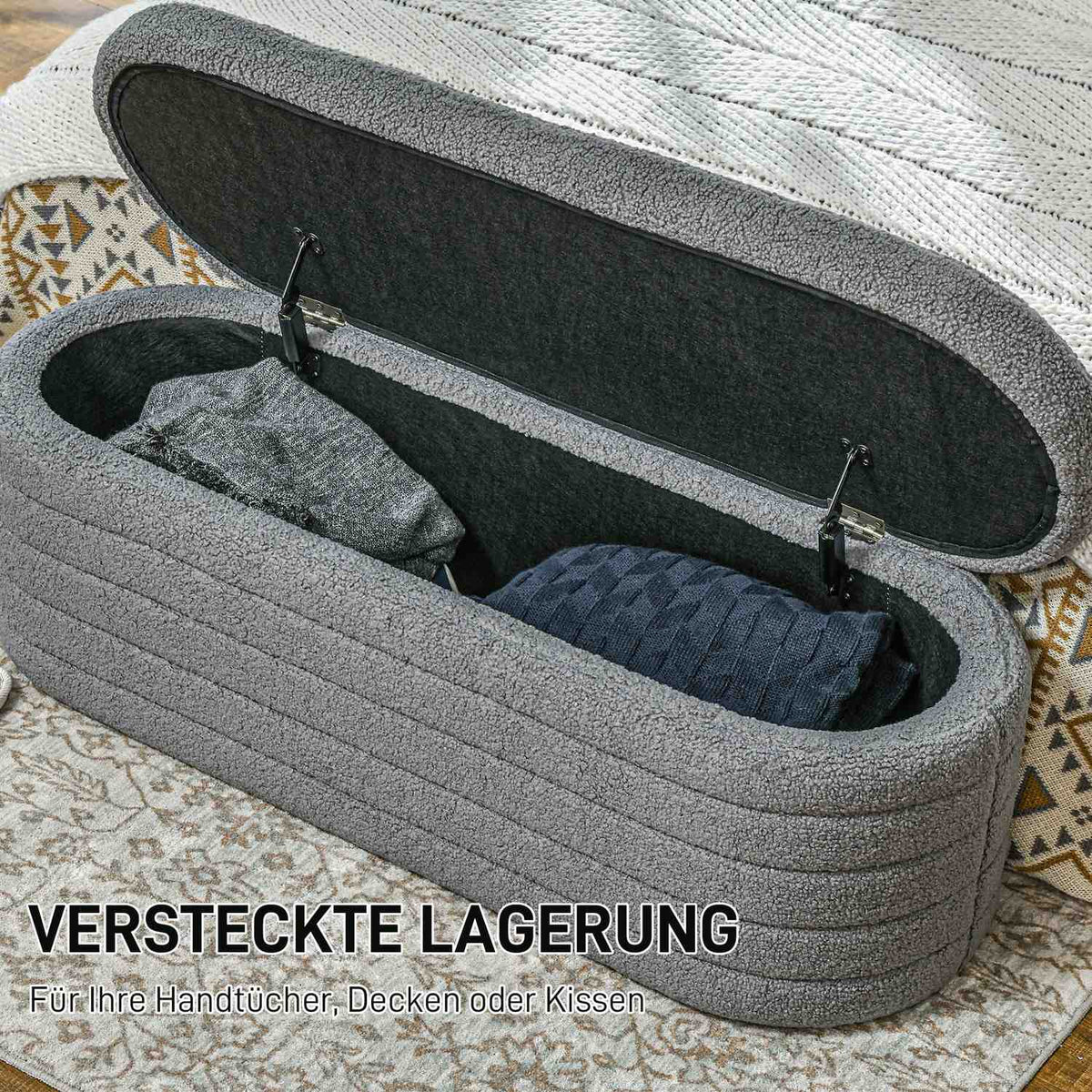 Bedroom bed bench, with storage space, wooden legs, high stability, teddy fleece, load capacity 120 kg, 116 x 41 x 40.5 cm, light gray