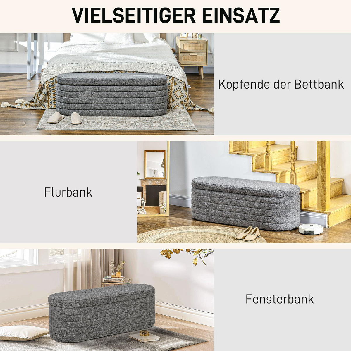 Bedroom bed bench, with storage space, wooden legs, high stability, teddy fleece, load capacity 120 kg, 116 x 41 x 40.5 cm, light gray