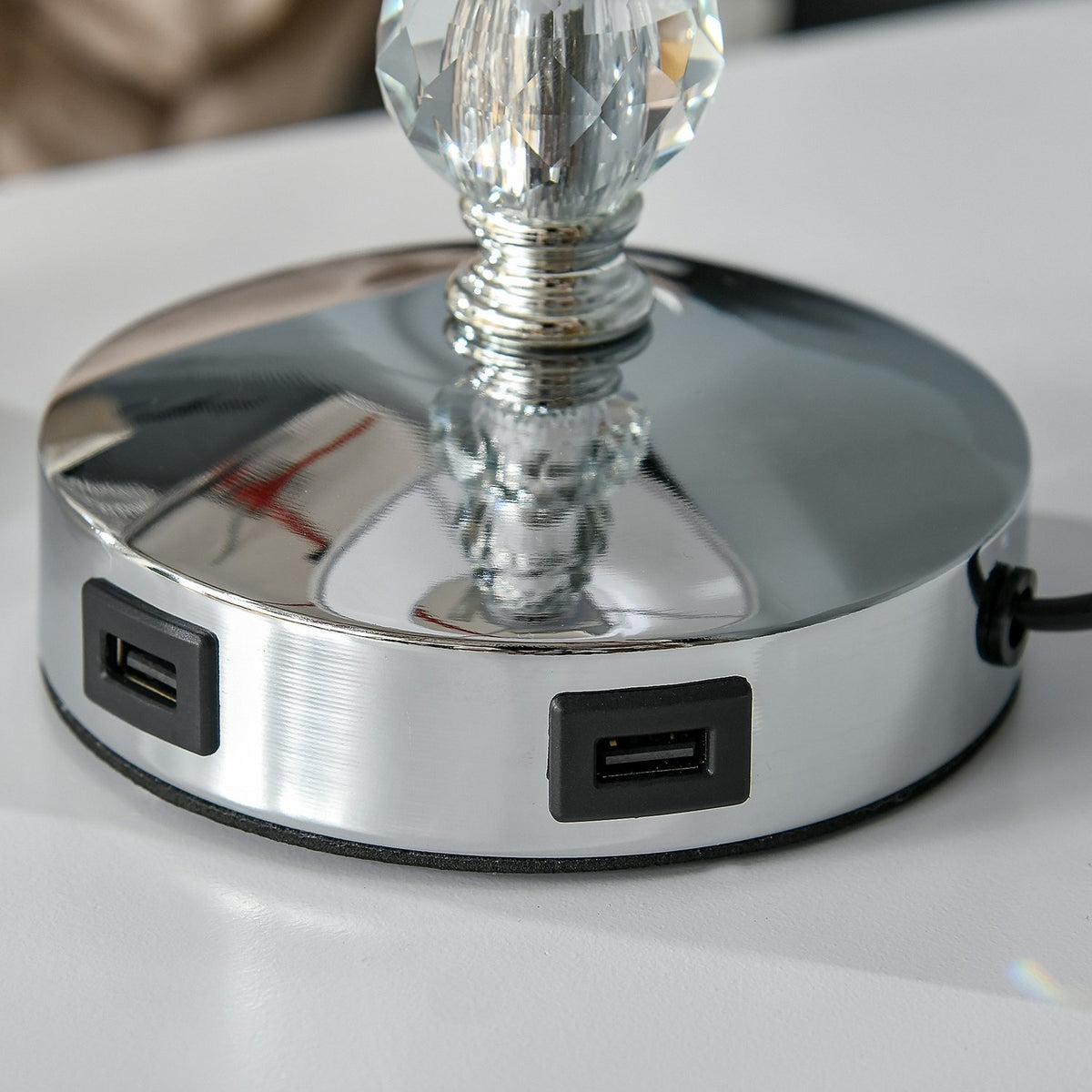 Bedside Lamp With Usb Crystal Table Lamp With Charging Function, Touch Sensor, E27, White+Silver, Ø23X45Cm