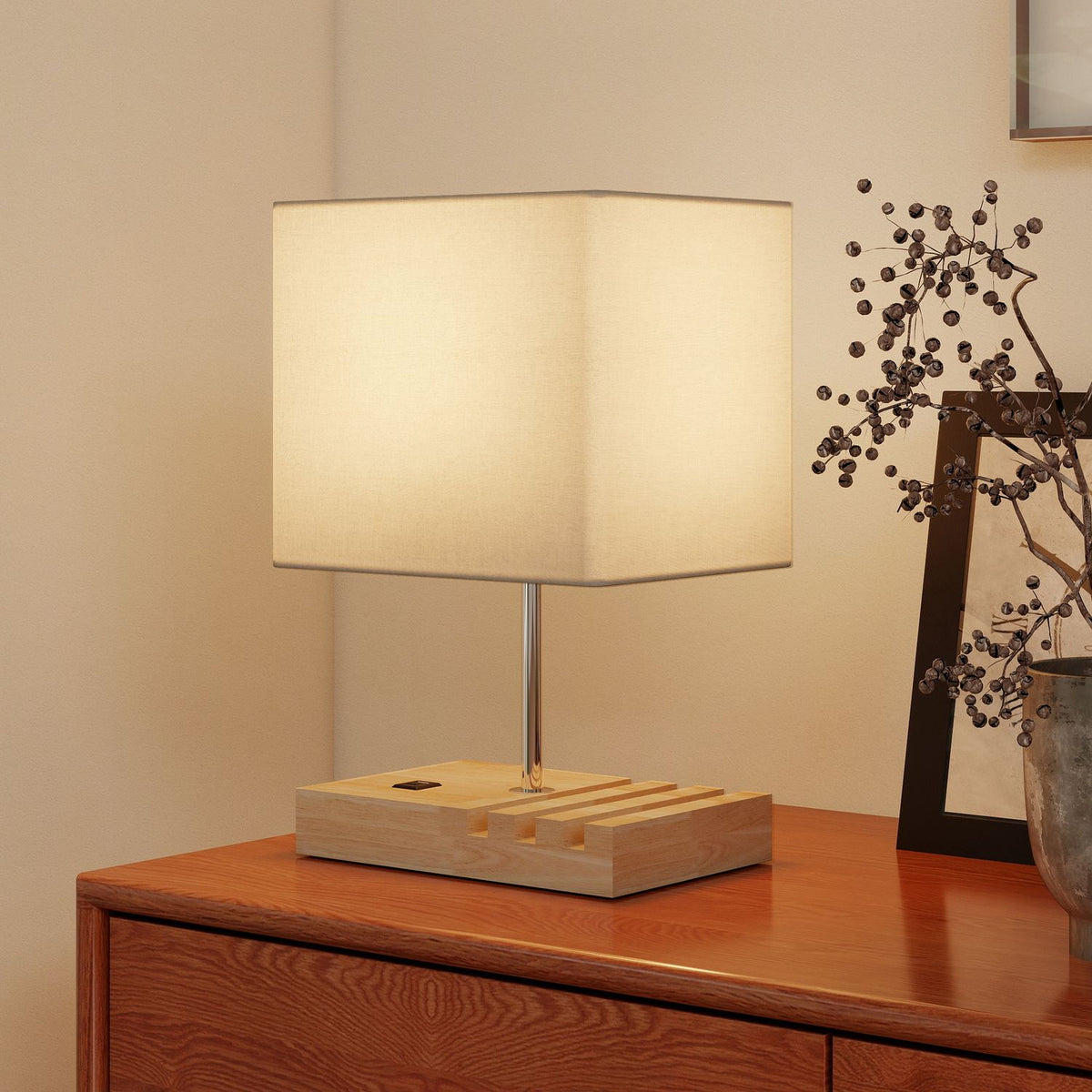 Bedside Lamp with USB Ports, Wood and Fabric, White