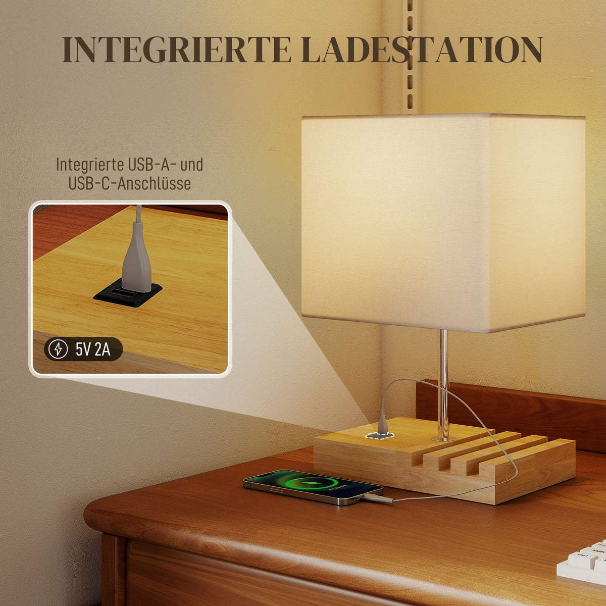 Bedside Lamp with USB Ports, Wood and Fabric, White