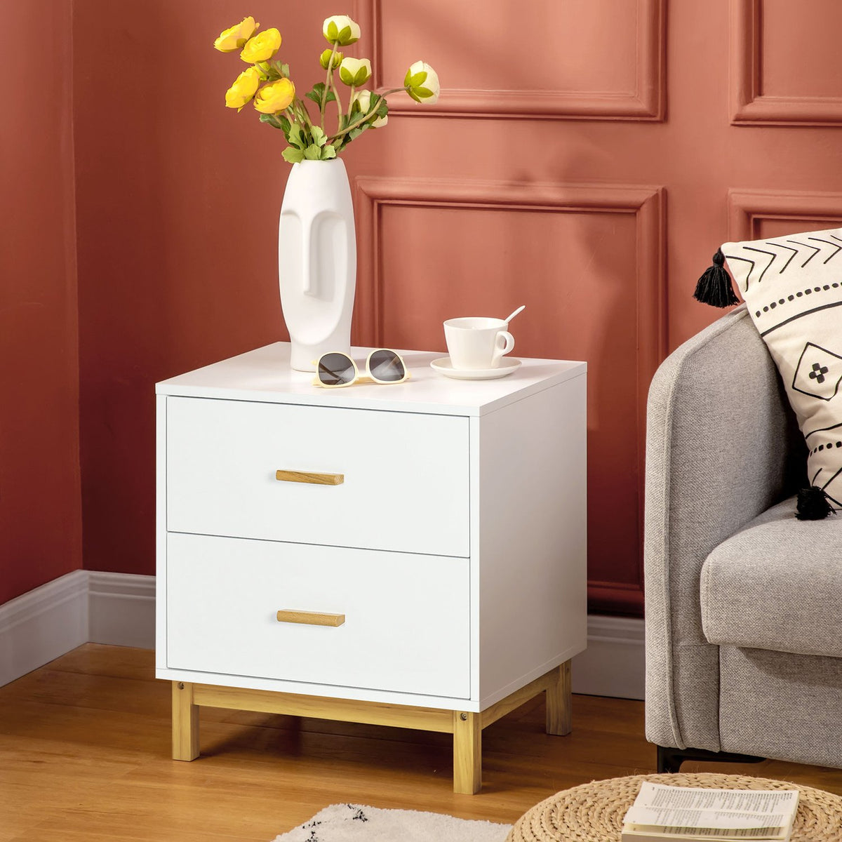 Bedside Table Night Dresser With 2 Drawers, Handle, Side Table, 50X40X55Cm, White