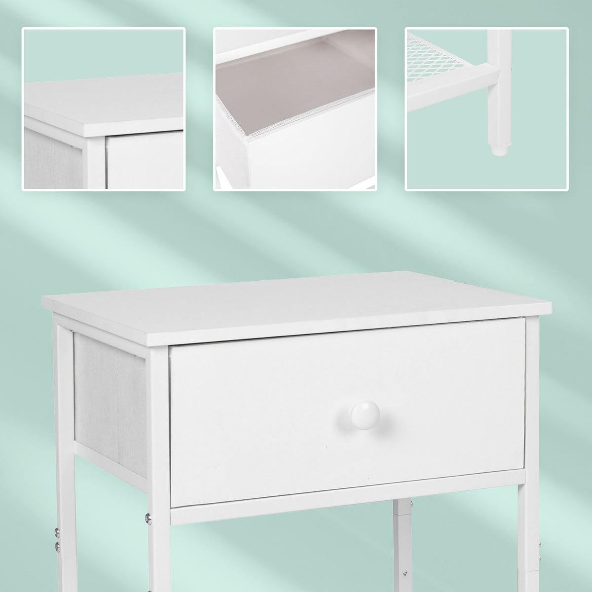 Bedside Table Set, 2-Piece with Drawer & Shelf