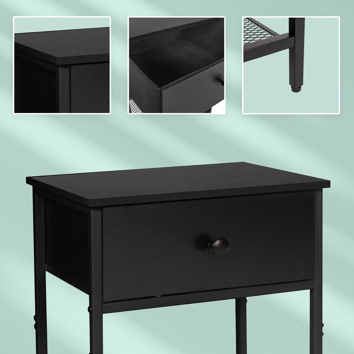Bedside Table Set, 2-Piece with Drawer & Shelf