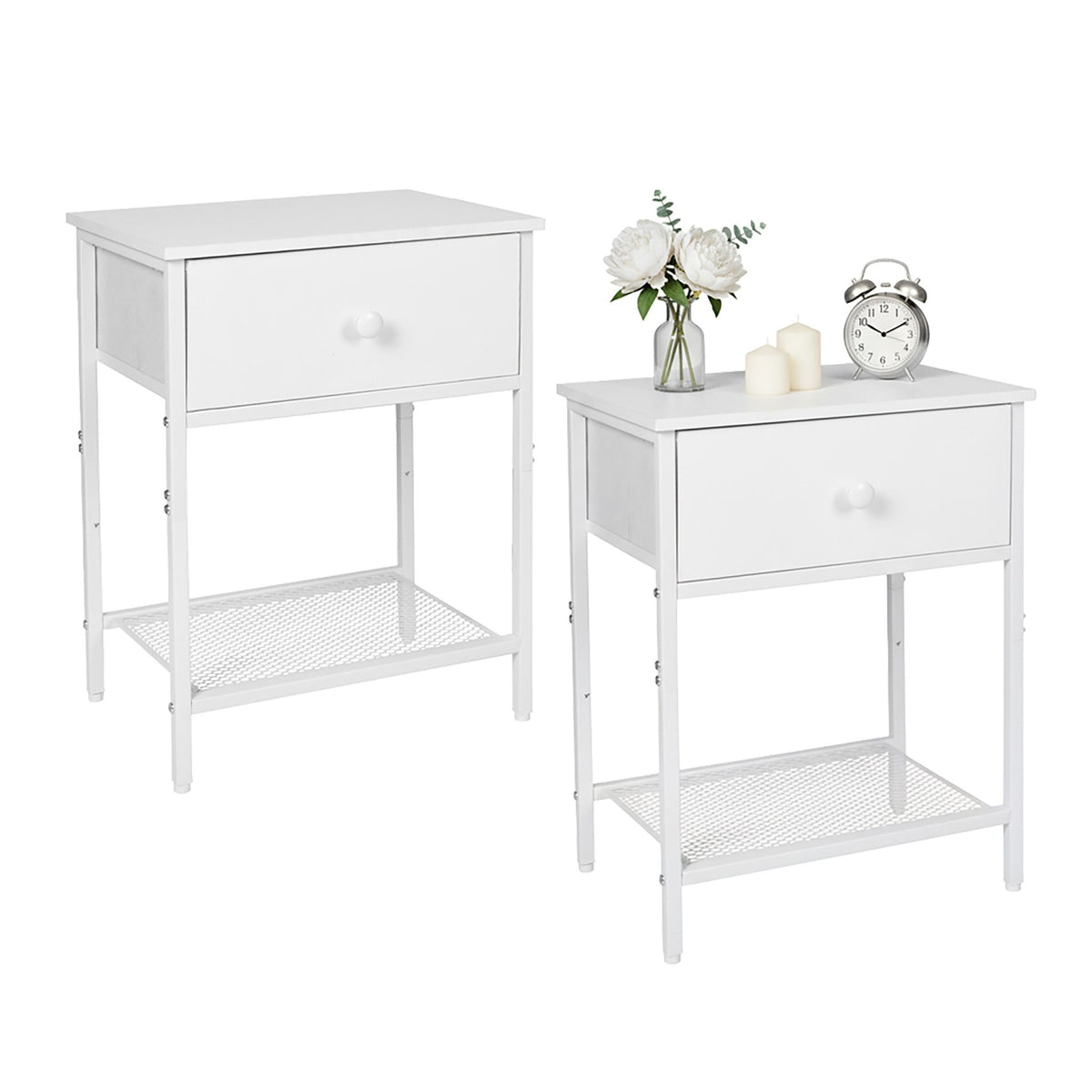 Bedside Table Set, 2-Piece with Drawer & Shelf