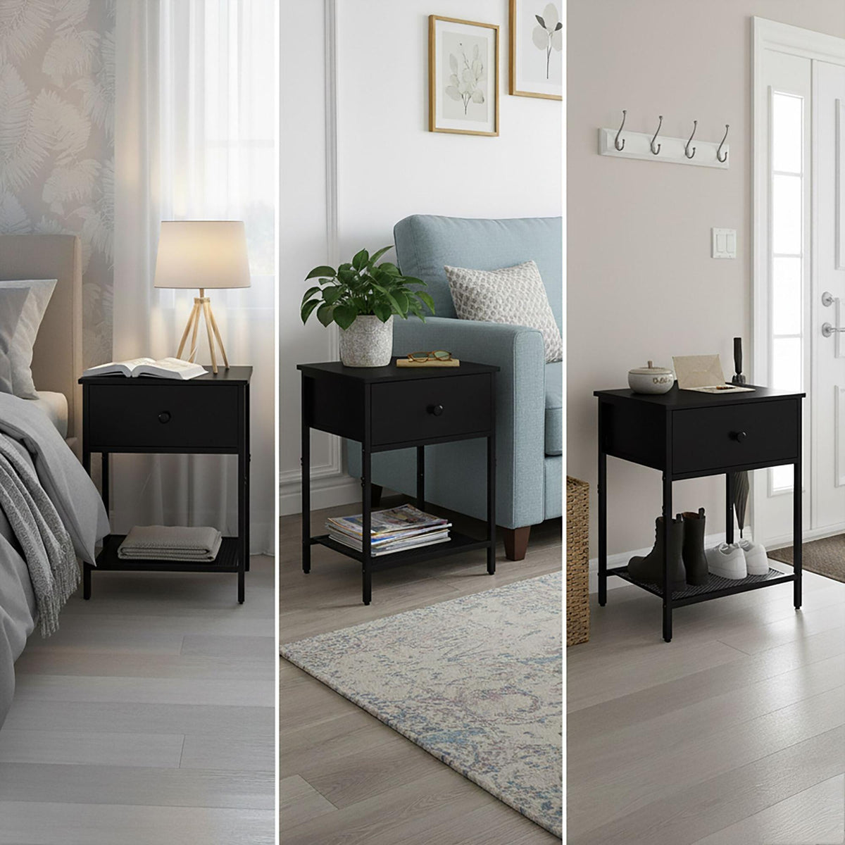 Bedside Table Set, 2-Piece with Drawer & Shelf